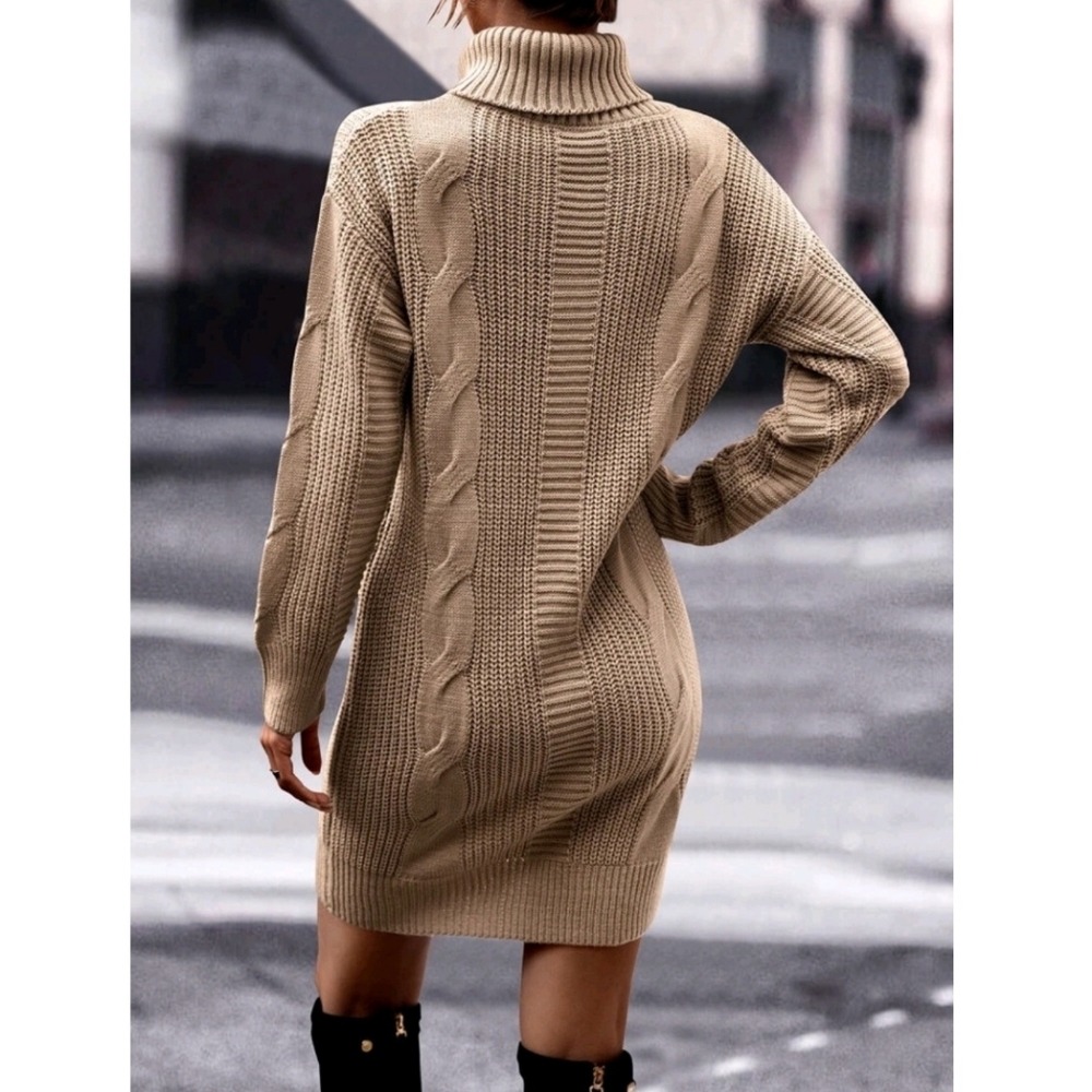 NEW Chunky Mixed Cable Knit Turtleneck Sweater Dress Tan Camel - Picture 4 of 10